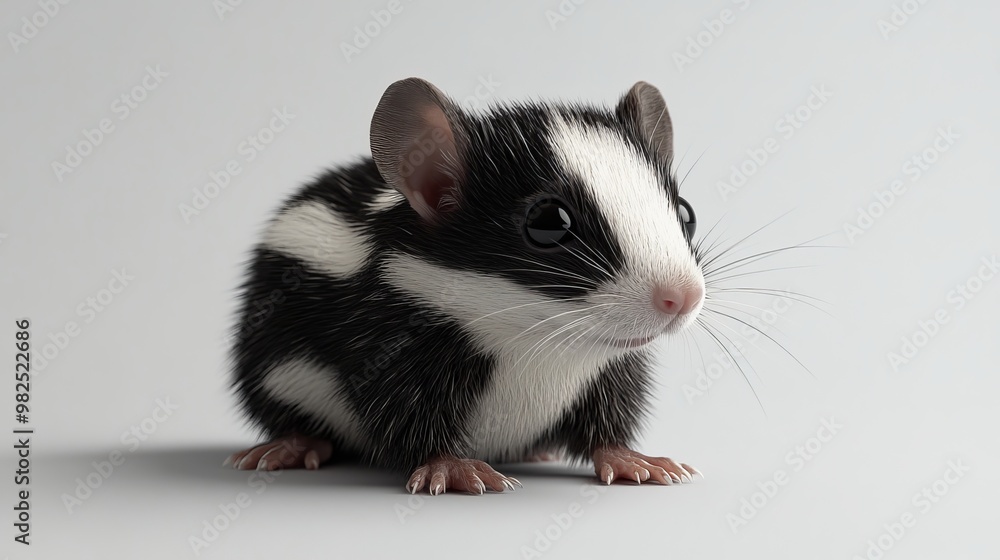 A small black and white mouse is sitting on a white surface A small black and white mouse is sitting on a white surface