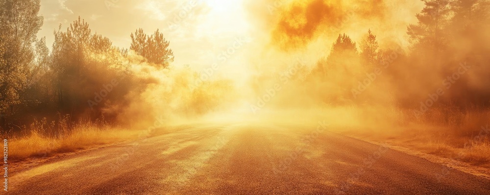 A serene landscape of a sunlit road enveloped in mist, showcasing nature's beauty and tranquility during sunrise. A serene landscape of a sunlit road enveloped in mist, showcasing nature's beauty and tranquility during sunrise.