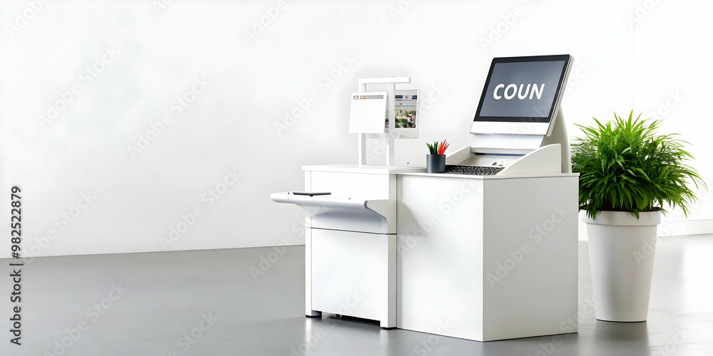3D Glossy Checkout Station with Coupon Integration - Sleek Retail Design for Modern Business Promotions on Isolated White Background 3D Glossy Checkout Station with Coupon Integration - Sleek Retail Design for Modern Business Promotions on Isolated White Background