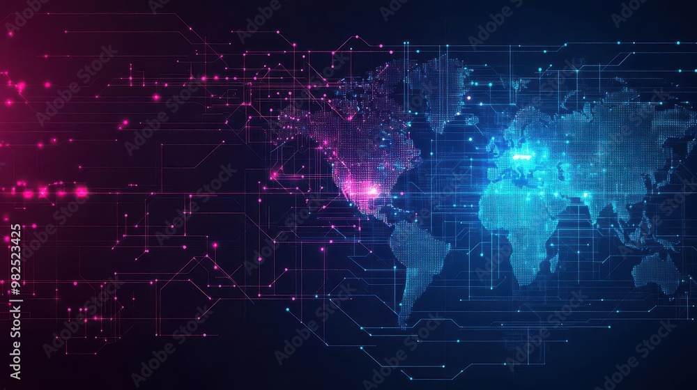 Fototapeta premium International IT service provider, digital infrastructure map, flat design illustration