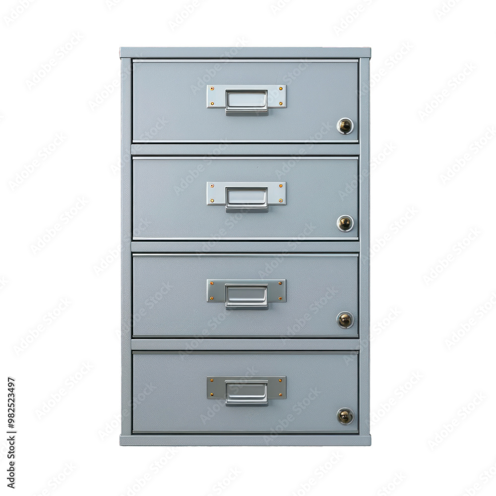 Grey metal filing cabinet with four drawers standing on a white background Grey metal filing cabinet with four drawers standing on a white background