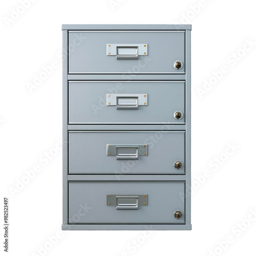 Grey metal filing cabinet with four drawers standing on a white background photo