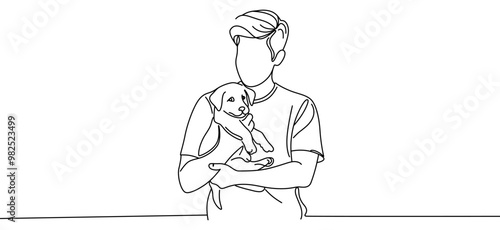 Minimalist line art vector illustration of man holding a puppy