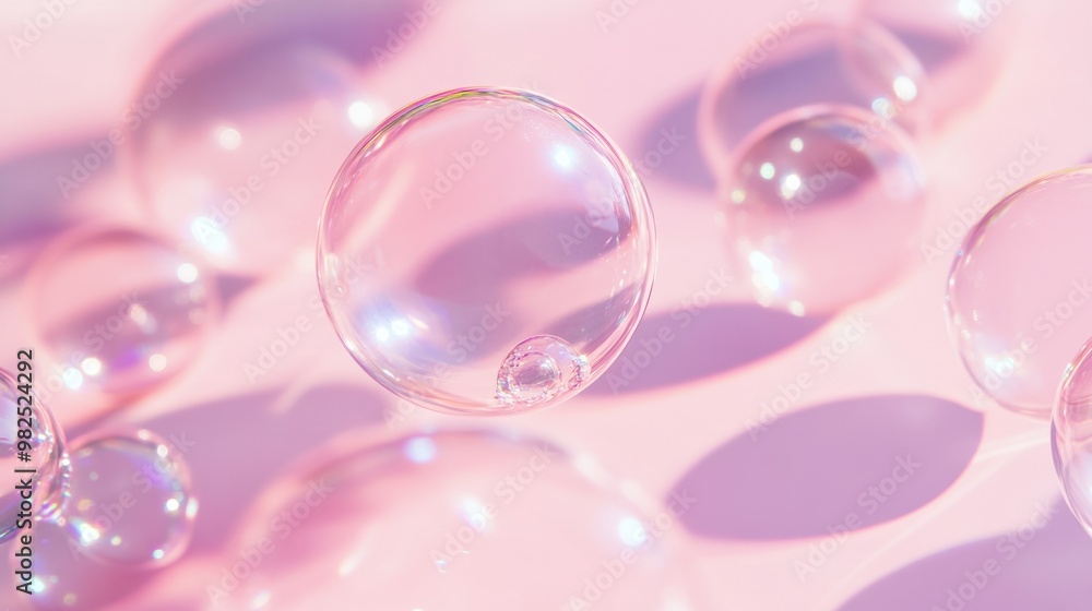 Floating bubbles casting shadows on a pastel rose background. Floating bubbles casting shadows on a pastel rose background.