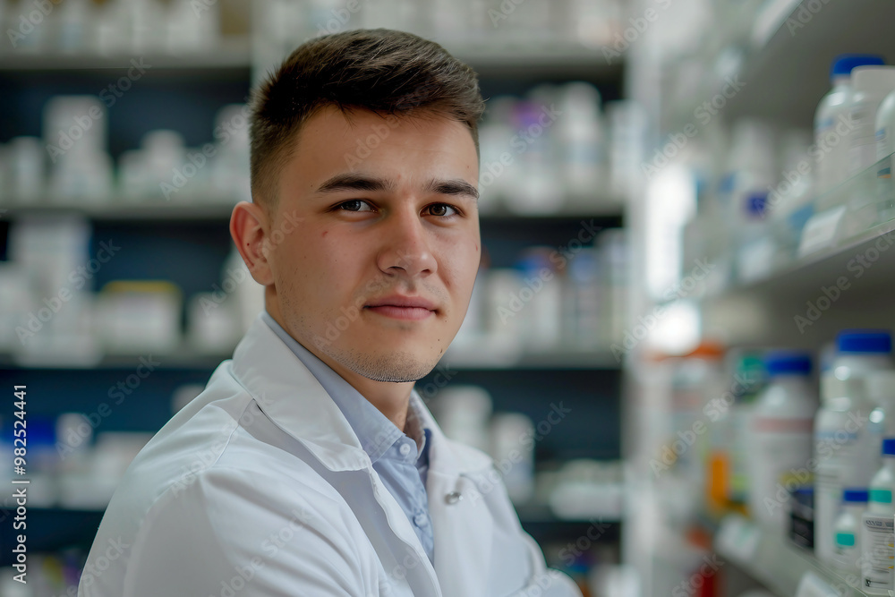 Smiling pharmacist standing behind the counter with shelves of medication in the background generative AI Smiling pharmacist standing behind the counter with shelves of medication in the background generative AI