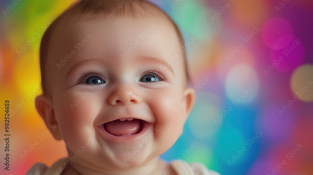 Joyful baby laughing against a vibrant, colorful bokeh background, capturing a playful and cheerful mood with bright lighting. Joyful baby laughing against a vibrant, colorful bokeh background, capturing a playful and cheerful mood with bright lighting.