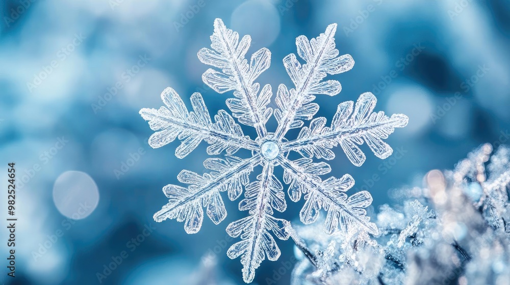 A close-up view of a delicate snowflake resting on a blue background, showcasing intricate patterns and winter beauty. A close-up view of a delicate snowflake resting on a blue background, showcasing intricate patterns and winter beauty.