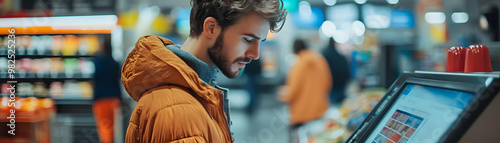 Candid Shopper Scanning Coupon at Self Checkout Station: Modern Retail Experience Highlighting Convenience and Efficiency for Marketing Content