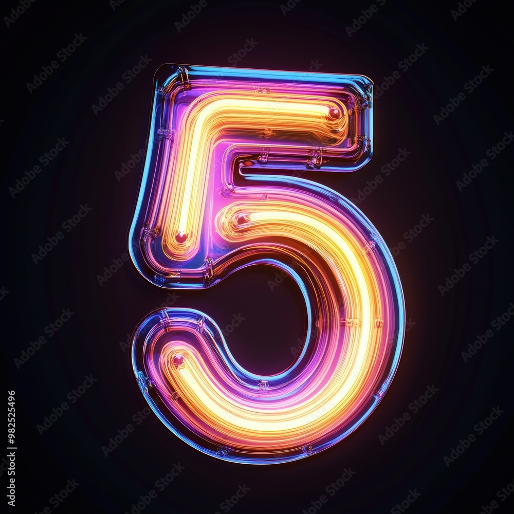 3D number 5 with neon texture realistic modern design, soft lighting, black background. 3D number 5 with neon texture realistic modern design, soft lighting, black background.