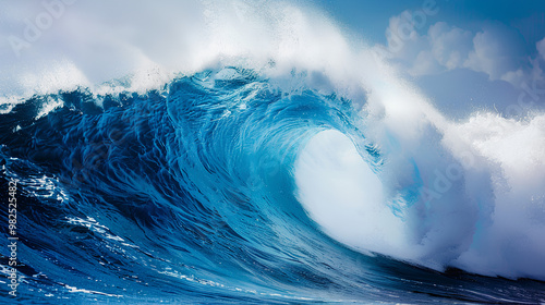 A large wave in the ocean, a big blue curved water with white foam and splash on top. Beautiful natural background, concept for traveling to Hawaiian Islands, National Parks or beaches for a summer 