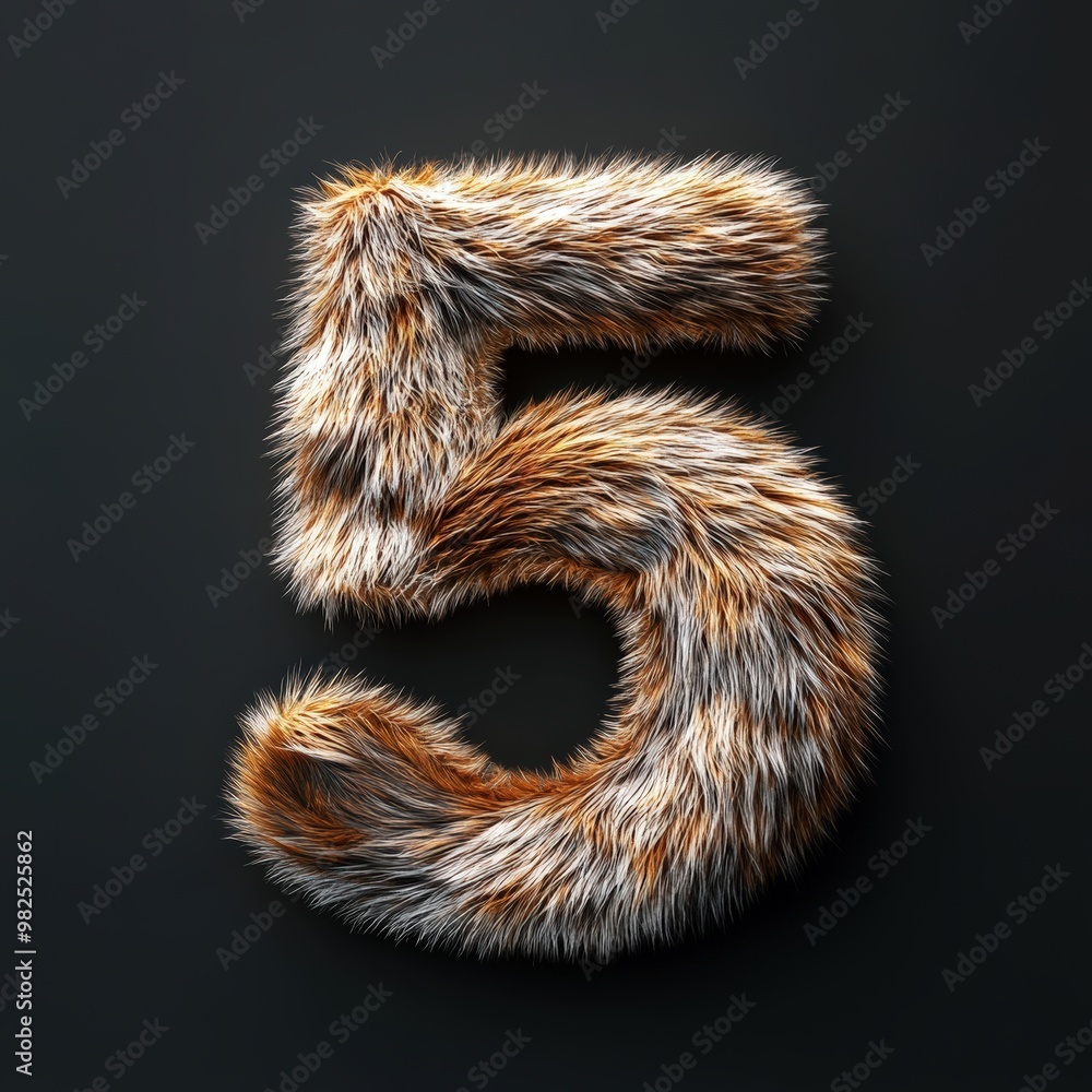 3D number 5 with fur texture realistic modern design, soft lighting, black background. 3D number 5 with fur texture realistic modern design, soft lighting, black background.