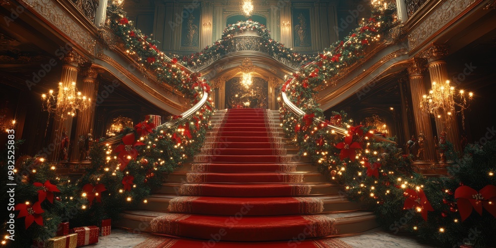 Fototapeta premium Opulent Grand Christmas Staircase with Elegant Holiday Decorations