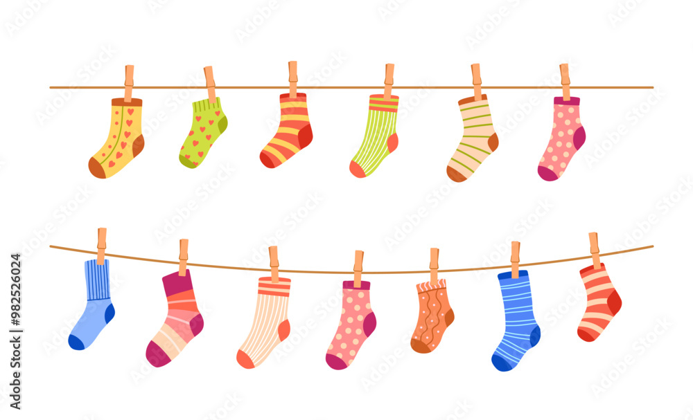 Socks clotheslines set. Cute illustration of baby clothes handing on rope Socks clotheslines set. Cute illustration of baby clothes handing on rope