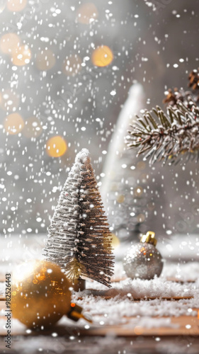 Christmas ornaments on snowy pine branches with festive bokeh background