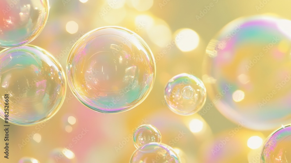 Glossy bubbles reflecting a soft pastel yellow backdrop. Glossy bubbles reflecting a soft pastel yellow backdrop.