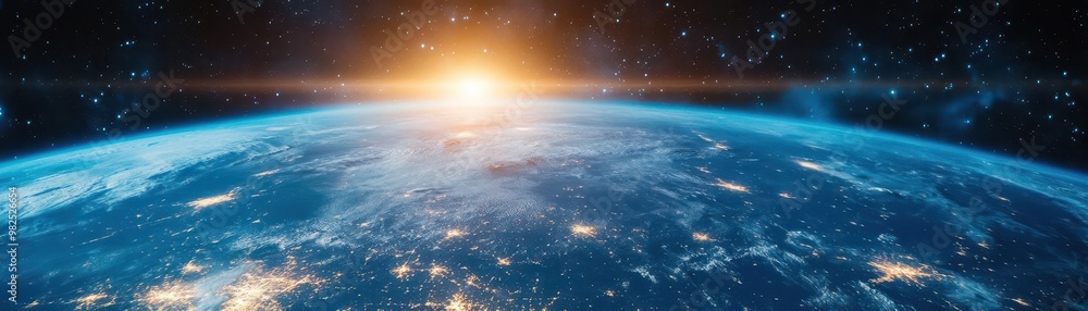 Naklejka premium An international space elevator being maintained by a diverse global team, with a view of Earth s continents below and the stars above