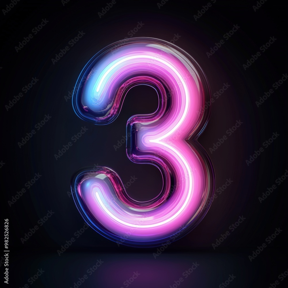 3D number 3 with neon texture realistic modern design, soft lighting, black background. 3D number 3 with neon texture realistic modern design, soft lighting, black background.