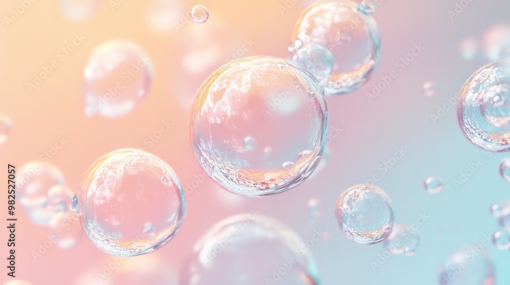 Glossy water bubbles gently moving on a soft pastel gradient background. Glossy water bubbles gently moving on a soft pastel gradient background.