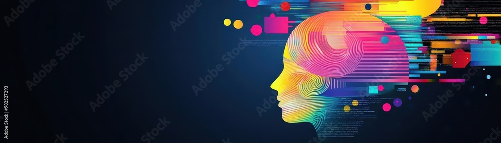 Obraz premium Abstract head filled with colorful swirling lines, representing business ideas and innovation, creative thinking, concept development