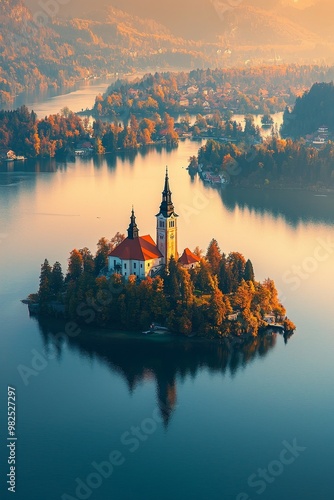 Bled Island and the Bled Church in the Julian Alps, recognizable symbol of Lake Bled (Blejsko jezero) in Slovenia.