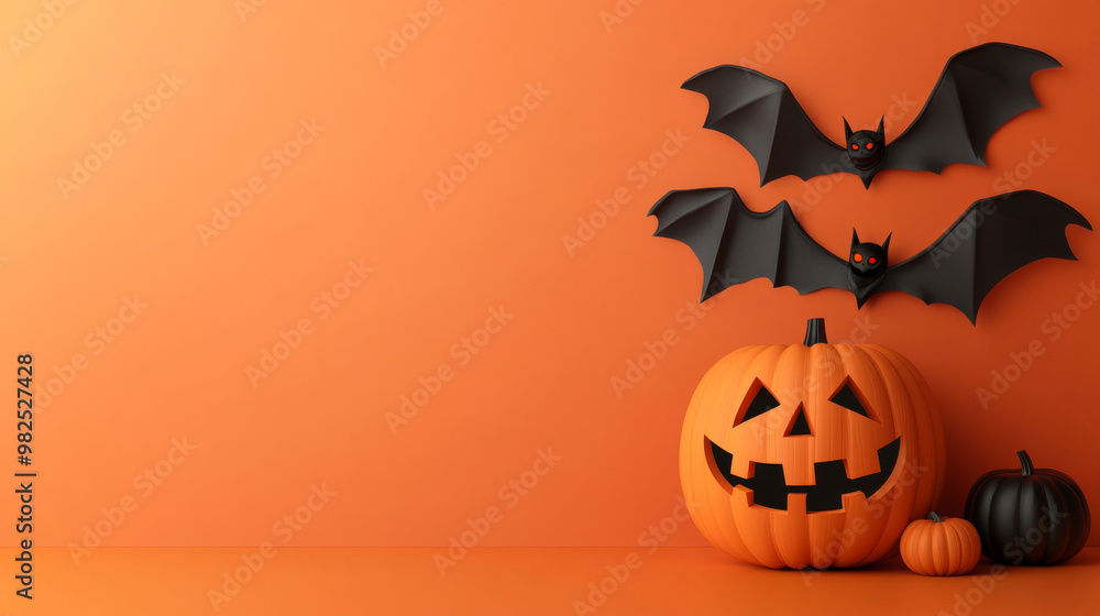 Pumpkin with carved face, bats and autumn leaves on orange background Pumpkin with carved face, bats and autumn leaves on orange background