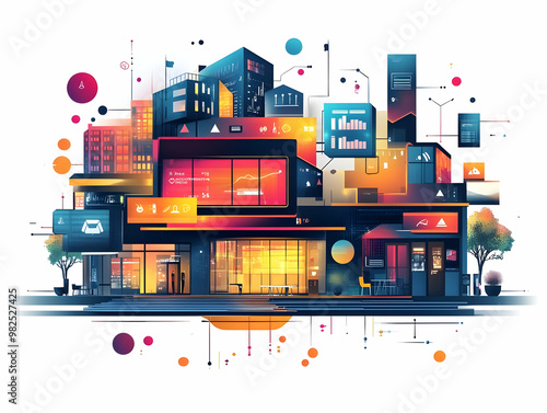 Flat Glowing Business Abstract with Retail Elements - Modern Digital Art for Professional Marketing Campaigns and Branding Solutions