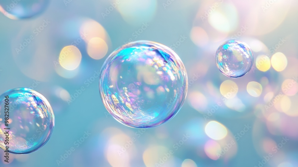 Iridescent bubbles reflecting light on a calming pastel blue background. Iridescent bubbles reflecting light on a calming pastel blue background.