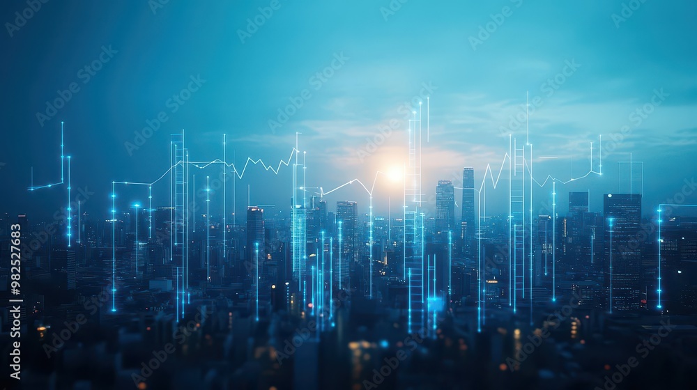 A surreal industrial landscape where trend lines physically shape the skyline, and accountants track their flow A surreal industrial landscape where trend lines physically shape the skyline, and accountants track their flow