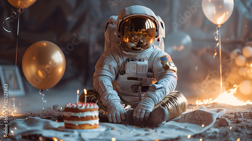 Fototapeta Naklejka Na Ścianę i Meble -  An astronaut against white background, metallic gold space suit and helmet, around astronaut there is birthday cake and balloons