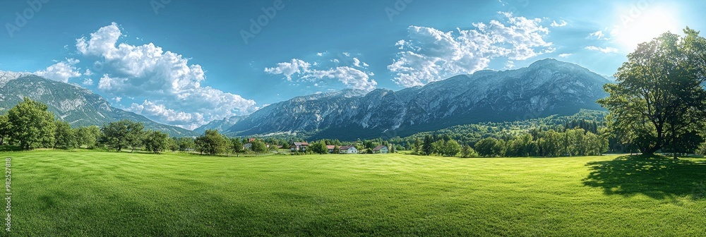 Fototapeta premium Panorama view of Julian Alps near Bovec, Slovenia. Green valley surrounded by high mountains.