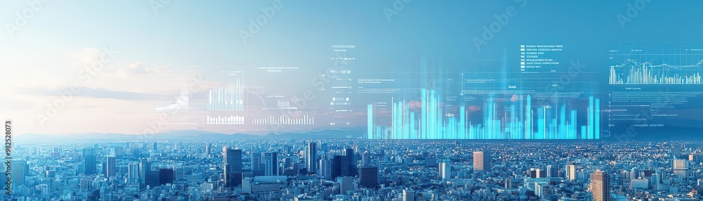 A panoramic view of a cityscape with floating graphical data and rate analysis visualizations A panoramic view of a cityscape with floating graphical data and rate analysis visualizations