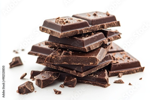 Isolated dark chocolate bar pieces on white background