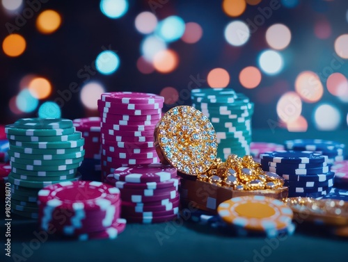 A grand foreign casino at night, where a rich gambler makes a large withdrawal of glittering gold chips and jewels, surrounded by flashing lights