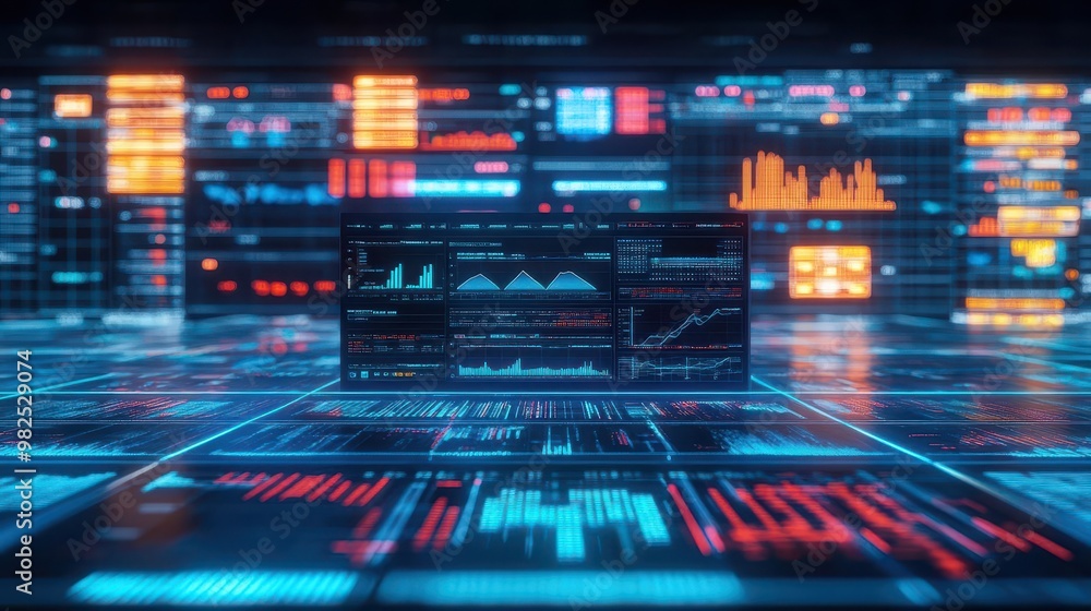 A futuristic trade floor where accountants analyze massive trend data across various global industries A futuristic trade floor where accountants analyze massive trend data across various global industries