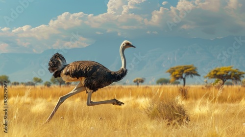 Speeding Ostrich Running Through Golden Grasslands of African Savanna Landscape photo