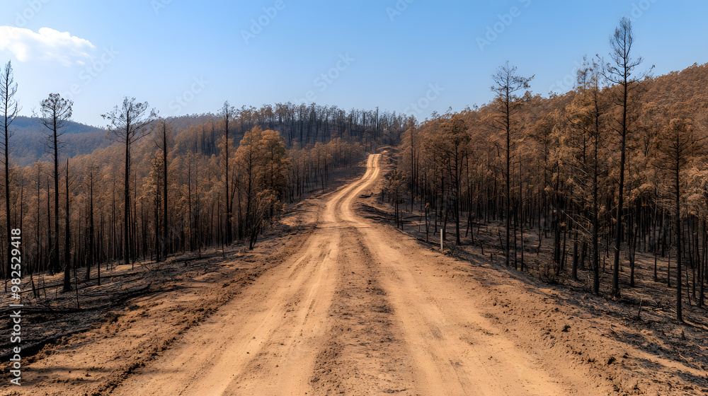 Road Through a Fire-Scorched Pine Forest | Signs of Wildfire Aftermath in a Charred Landscape