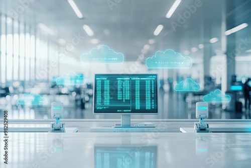 A futuristic airport customer service desk where robots and humans assist travelers with flight information displayed in holographic clouds