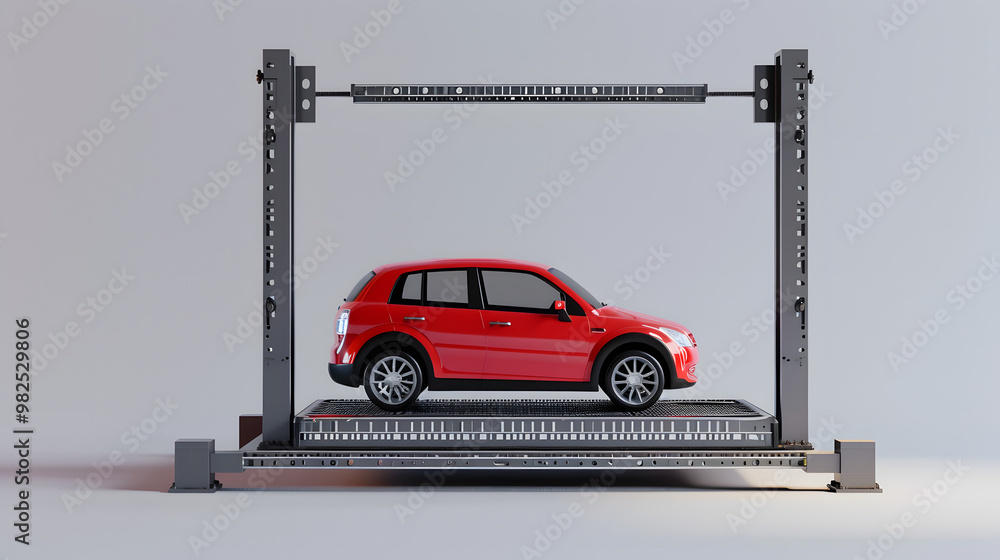 Red car is positioned on car lift stand tower, showcasing structure, engineering of the lift. The layers of visible and invisible lines are separated, mechanical and industrial design Red car is positioned on car lift stand tower, showcasing structure, engineering of the lift. The layers of visible and invisible lines are separated, mechanical and industrial design