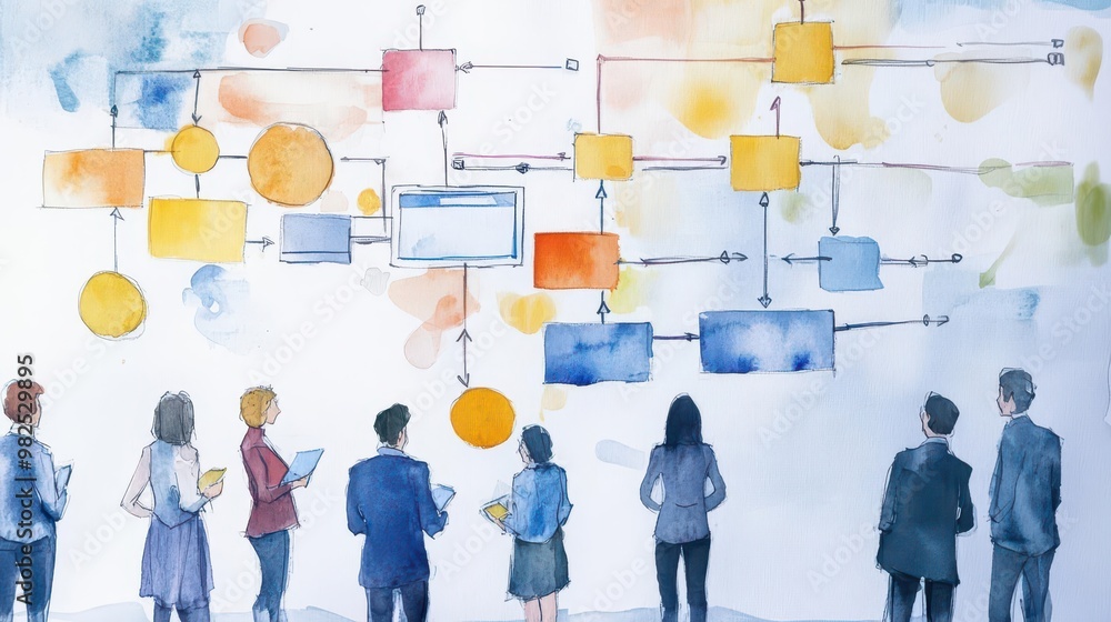 A detailed watercolor illustration of a project flowchart, with a diverse team working together on various parts, their efforts flowing seamlessly into one cohesive vision A detailed watercolor illustration of a project flowchart, with a diverse team working together on various parts, their efforts flowing seamlessly into one cohesive vision