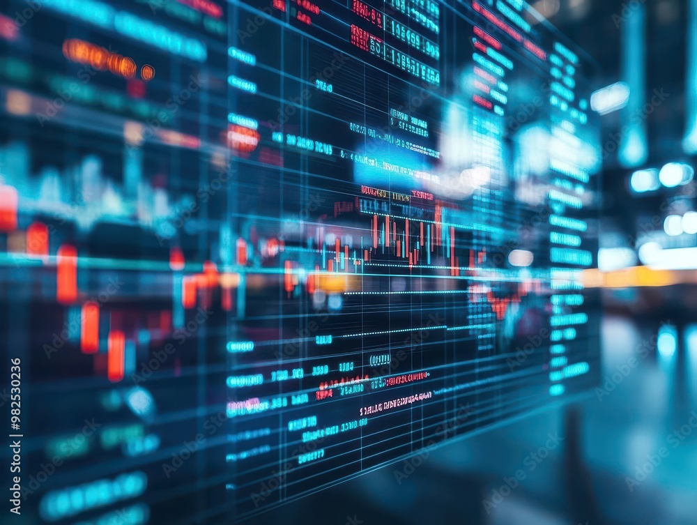 Fototapeta premium A bustling stock exchange with realtime rate changes and analytical graphs floating above