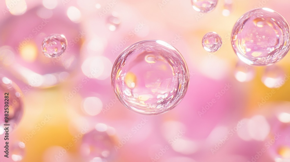 Shiny water bubbles floating gently on a pastel pink and yellow backdrop. Shiny water bubbles floating gently on a pastel pink and yellow backdrop.