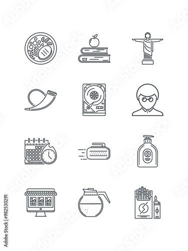 Curling, Deadline, Exercise, Grater, Hairstyle, Hard, Horn, Hosting, Jerrican, Lawn, Online, set of icons for web design, vector illustration