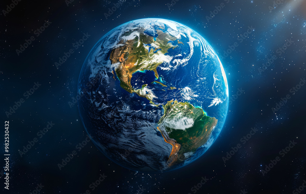 A large blue and green planet with the continents of North America and South America visible. The planet is surrounded by a dark blue sky A large blue and green planet with the continents of North America and South America visible. The planet is surrounded by a dark blue sky