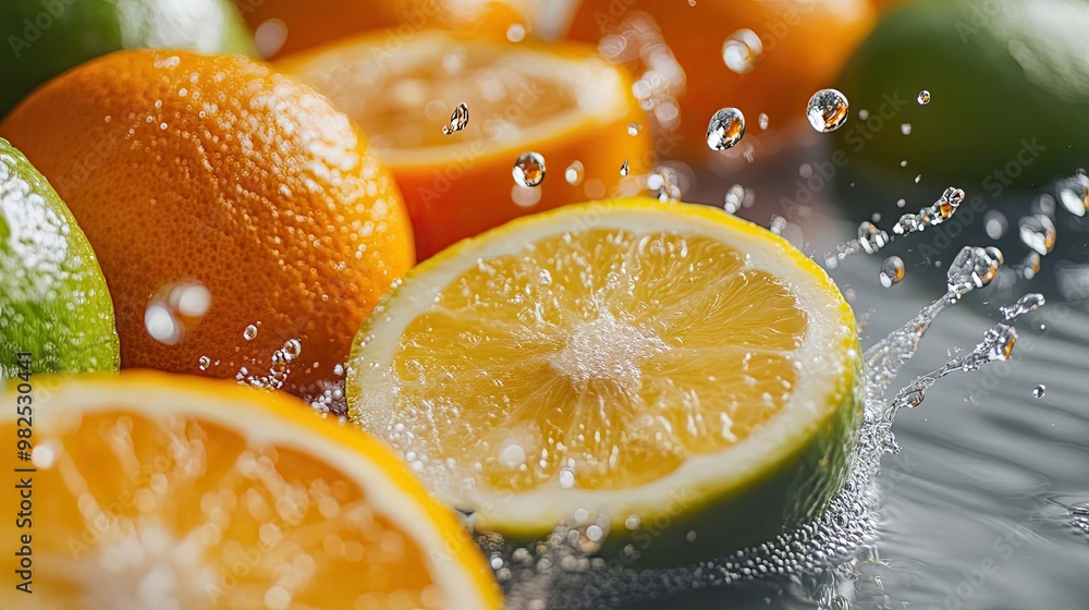 Fresh citrus fruits with splashes of water, showcasing vibrant colors and textures, perfect for health and food concepts. Fresh citrus fruits with splashes of water, showcasing vibrant colors and textures, perfect for health and food concepts.