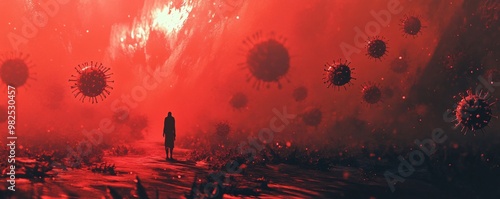 Lonely man is walking in a red surreal landscape with giant viruses floating around him photo