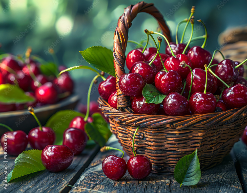 A basket full of red cherries with green leaves. The basket is on a wooden table. The cherries are ripe and ready to be eaten A basket full of red cherries with green leaves. The basket is on a wooden table. The cherries are ripe and ready to be eaten