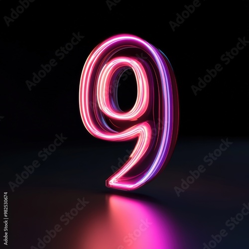 3D number 9 with neon texture realistic modern design, soft lighting, black background.