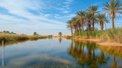 Serene Oasis in the Desert: Palm Trees Reflecting in a Calm Lake