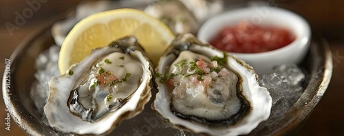 Freshly shucked oysters served on ice with lemon and cocktail sauce, perfect for seafood lovers and gourmet dining experiences. photo