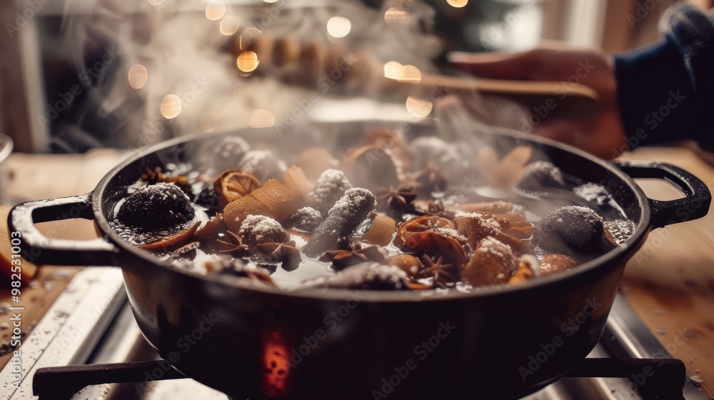 Steaming Homemade Hearty Meal in Cast Iron Pot on Rustic Wooden Table Steaming Homemade Hearty Meal in Cast Iron Pot on Rustic Wooden Table